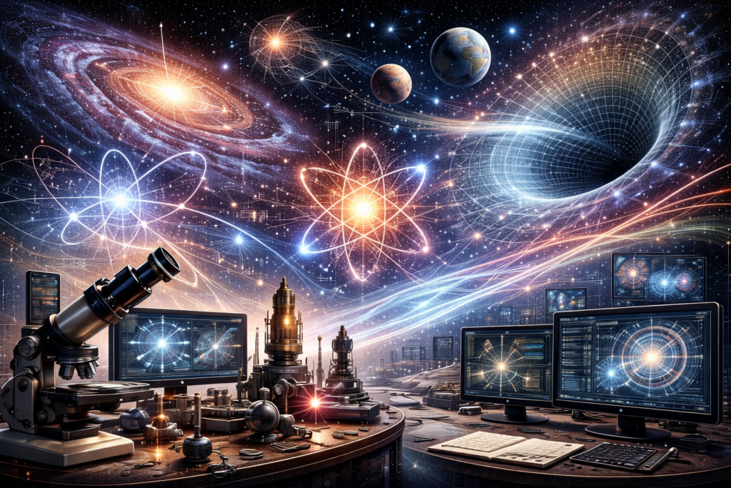Editorial illustration of physics featuring scientific instruments, atomic and field-like structures, cosmic systems, curved spacetime imagery, and computational analysis displays.