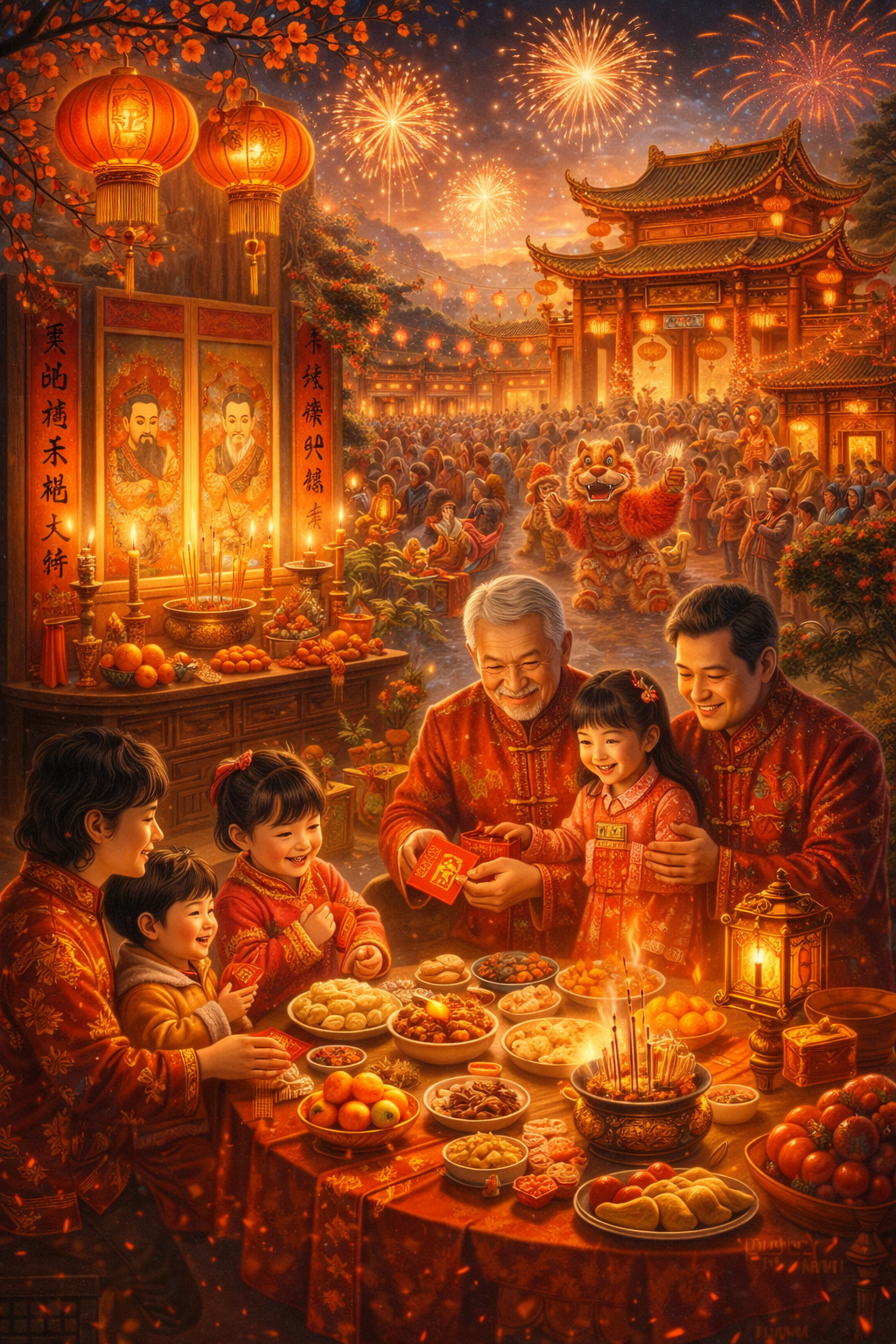 Mythic scene of Chinese New Year cosmology with red lanterns, ancestral offerings, family reunion, temple festivities, and auspicious symbols of renewal in a sacred festive landscape