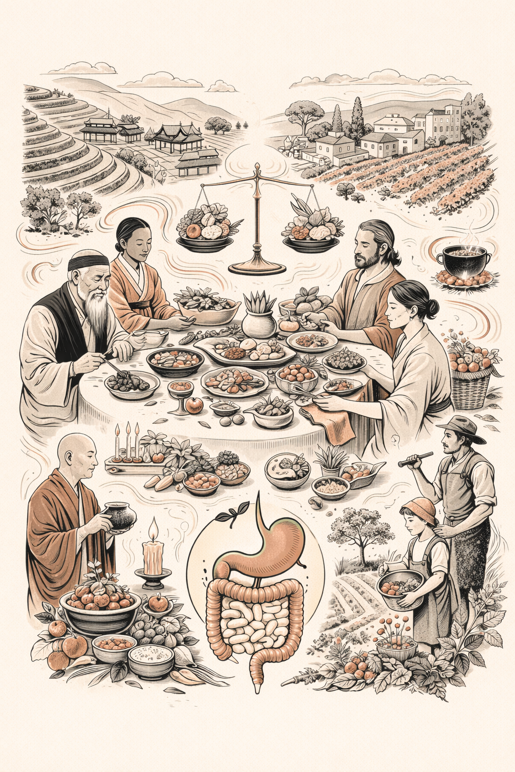 Editorial illustration of diet, nourishment, and food as medicine, showing a shared table, traditional meals, agricultural landscapes, ritual food practices, and a central digestive motif linking nourishment to health.