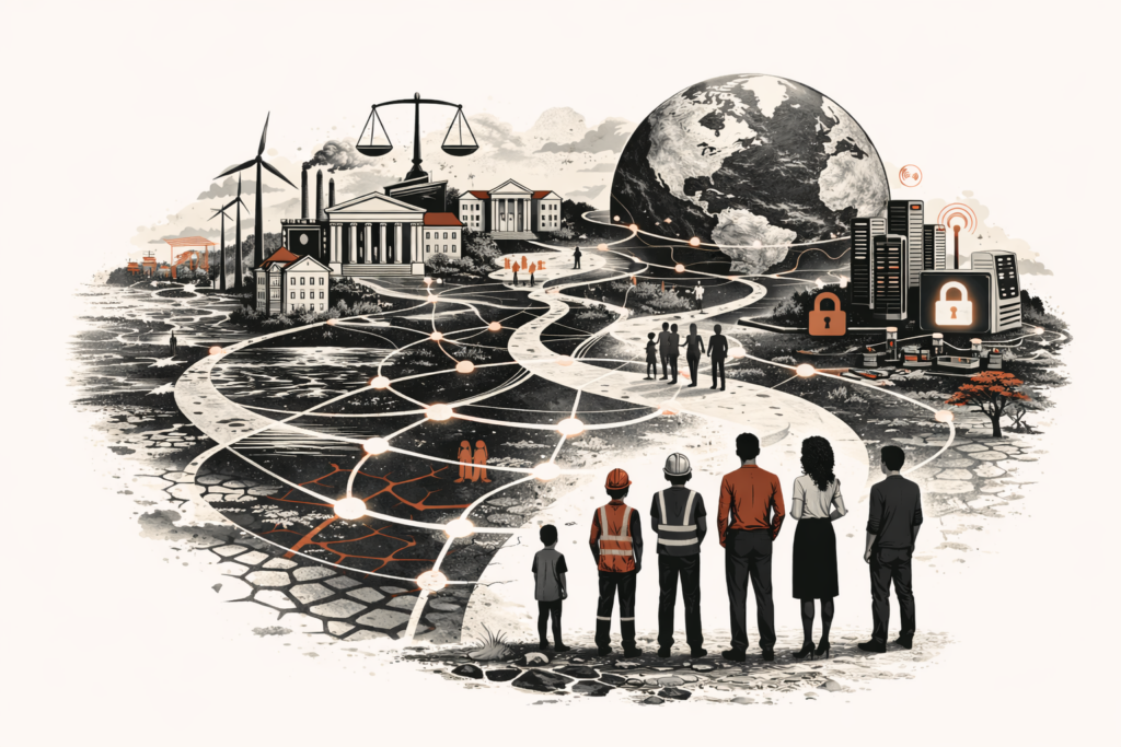 Editorial illustration of the future of stewardship and ethics, showing people, institutions, digital systems, and planetary pathways connected across a shared landscape oriented toward a central Earth.
