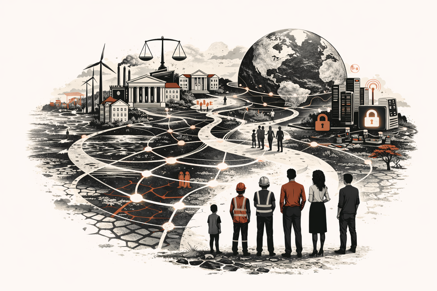 Editorial illustration of the future of stewardship and ethics, showing people, institutions, digital systems, and planetary pathways connected across a shared landscape oriented toward a central Earth.