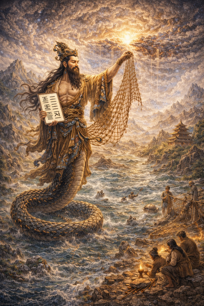 Mythic scene of Fuxi in serpent-bodied form holding a patterned tablet and net above early human civilization, river waters, and a sacred mountain landscape