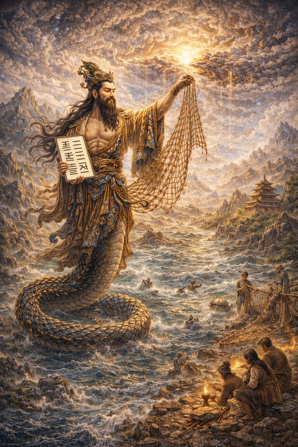 Mythic scene of Fuxi in serpent-bodied form holding a patterned tablet and net above early human civilization, river waters, and a sacred mountain landscape
