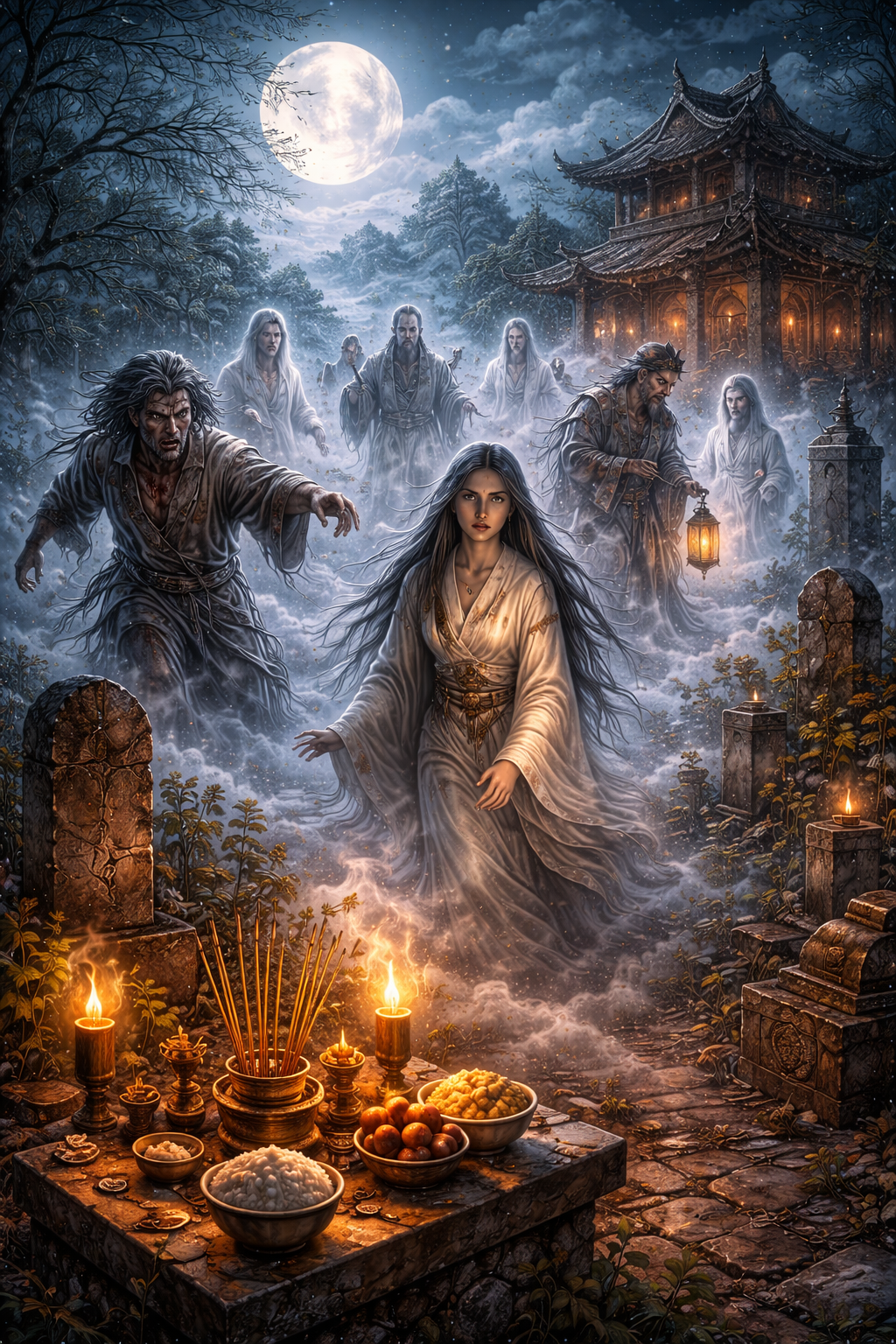 Mythic scene of Chinese ghosts and revenants emerging through moonlit mist beside tombs, offerings, and ritual fire, symbolizing unrest, memory, and unfinished moral claims