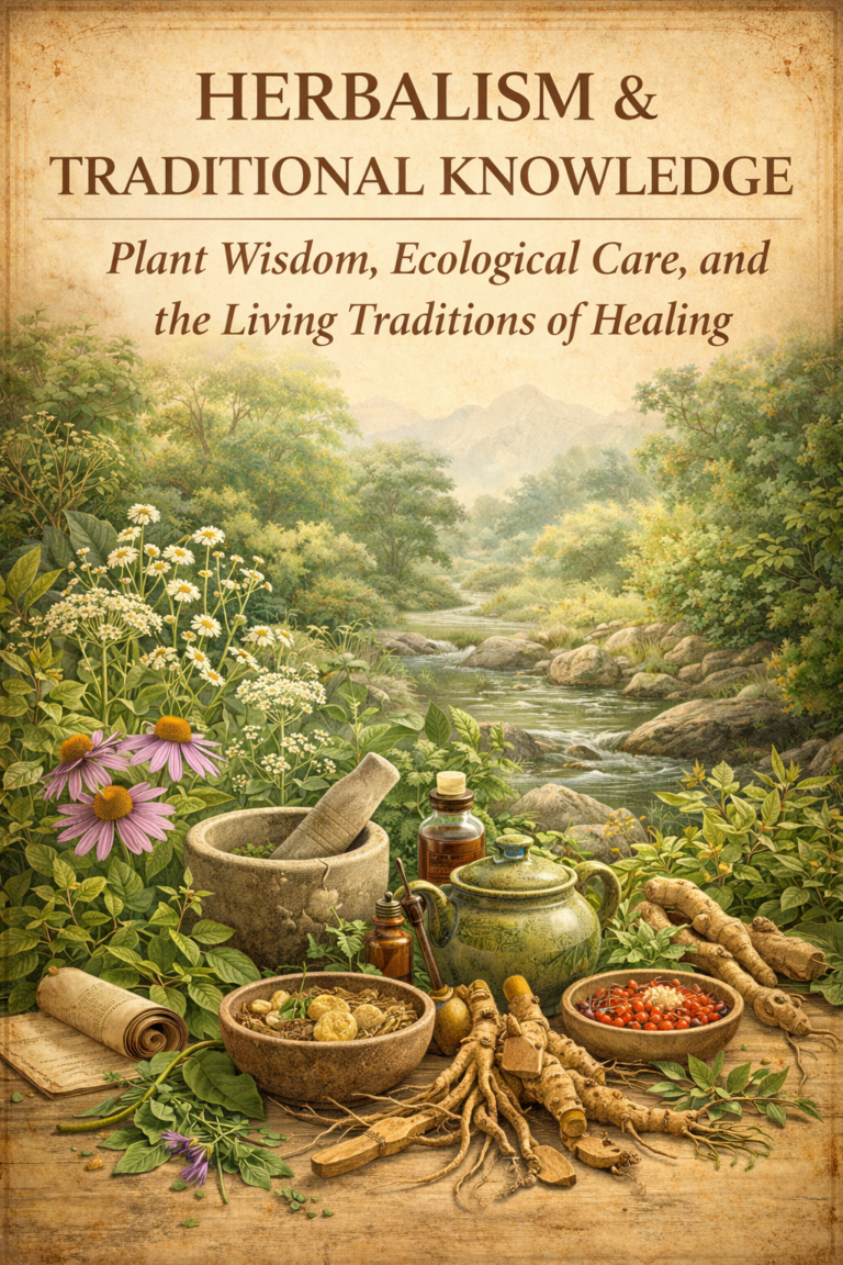 Editorial illustration inspired by herbalism featuring medicinal plants, roots, leaves, vessels, a mortar and pestle, and a natural stream landscape that evokes ecological care and traditional healing knowledge.