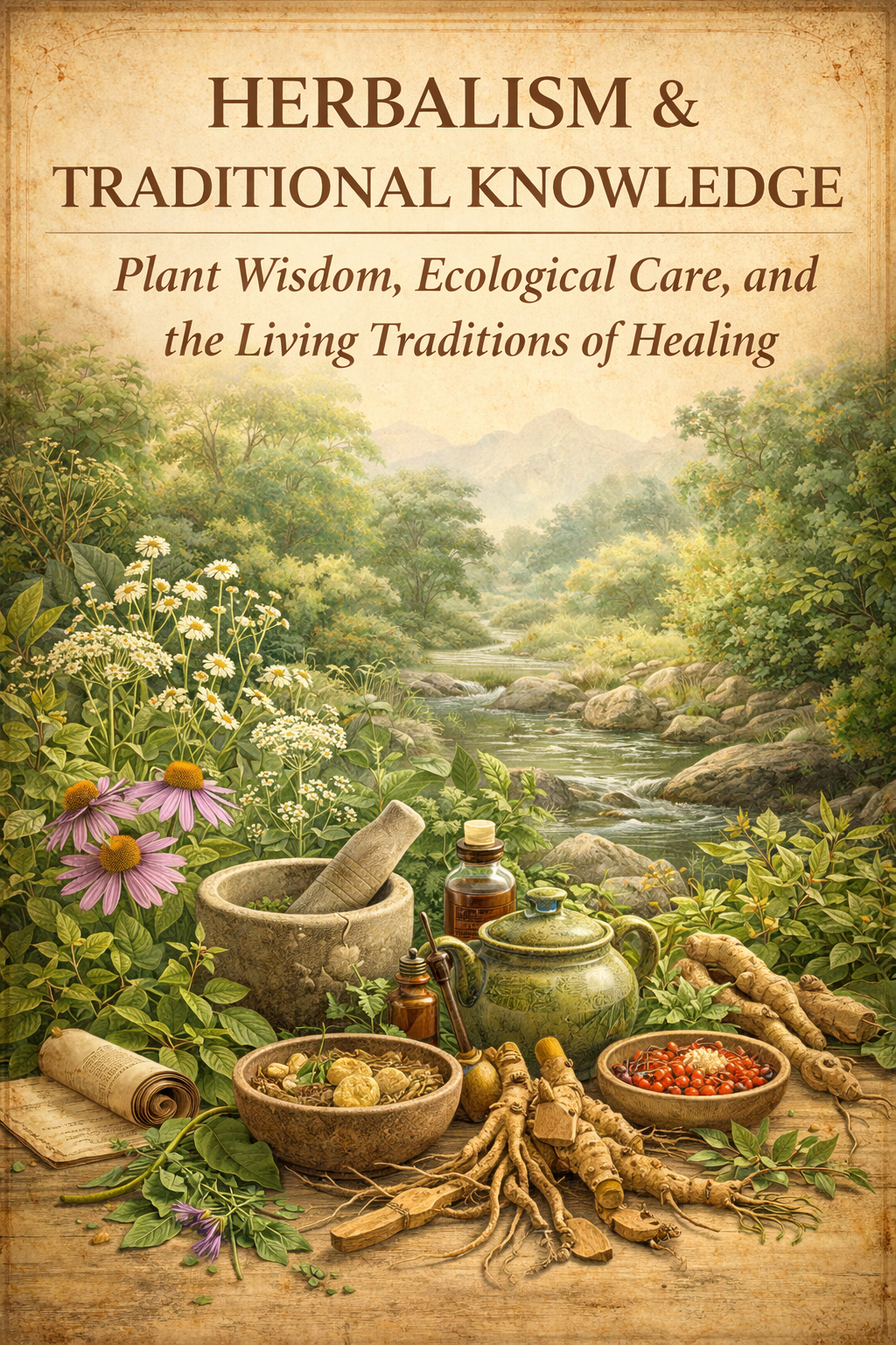 Editorial illustration inspired by herbalism featuring medicinal plants, roots, leaves, vessels, a mortar and pestle, and a natural stream landscape that evokes ecological care and traditional healing knowledge.