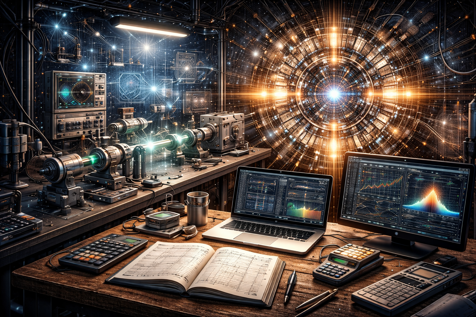 Editorial illustration of experimental physics featuring laboratory instruments, detector-style geometry, calibration displays, a scientific notebook, measuring tools, and computational analysis screens.