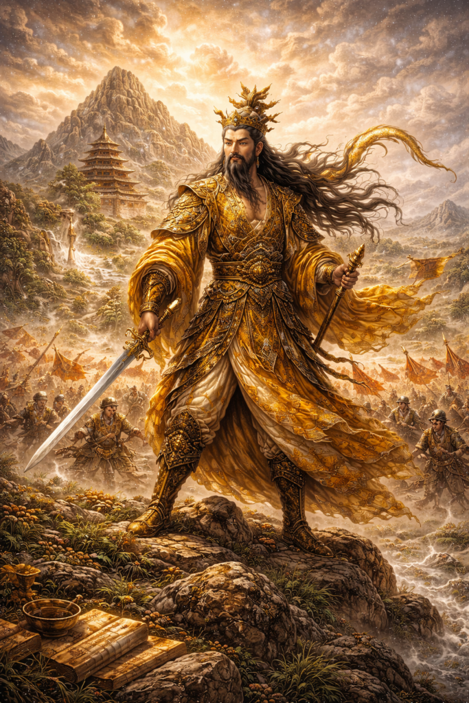 Mythic image of the Yellow Emperor in golden armor overlooking battle, sacred mountains, ritual objects, and the political founding of early China