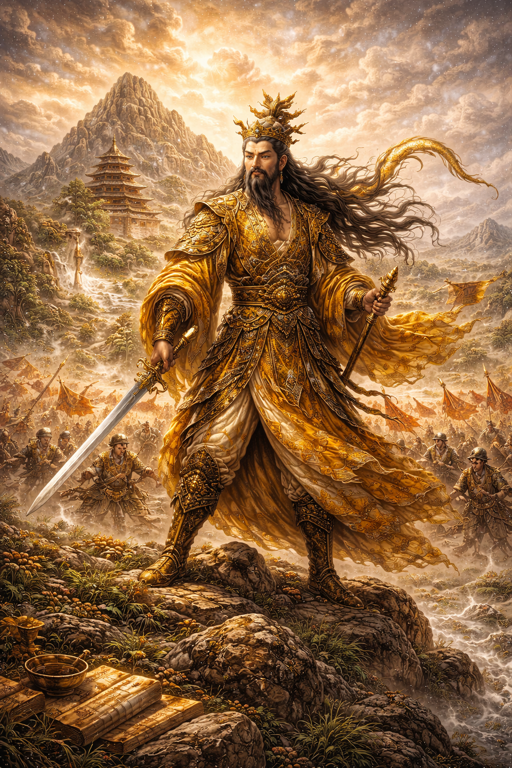 Mythic image of the Yellow Emperor in golden armor overlooking battle, sacred mountains, ritual objects, and the political founding of early China