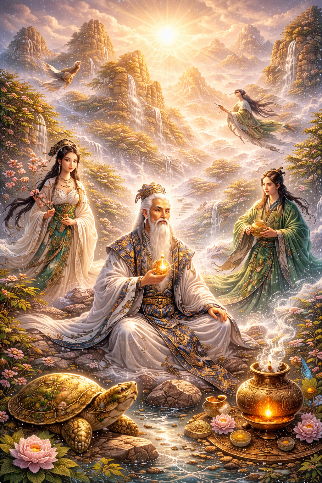 Mythic Daoist scene of immortals, sacred mountains, celestial light, inner cultivation, alchemical vessel, and the supernatural imagination of transcendence