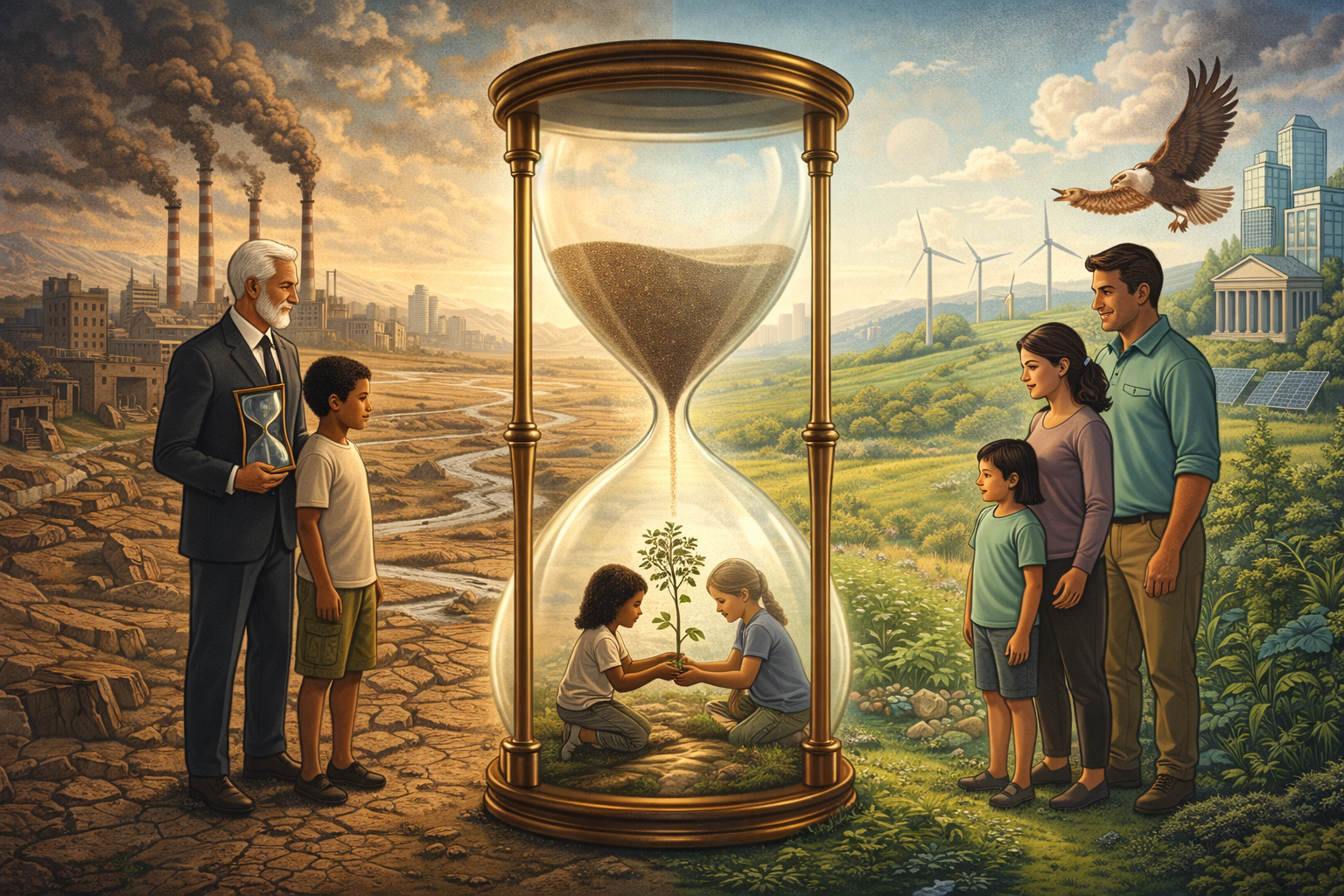 Editorial illustration contrasting environmental degradation and ecological renewal through a central hourglass, with a child and elder on a barren industrial side and a family on a green renewable-energy side, symbolizing intergenerational justice and long-term obligation.