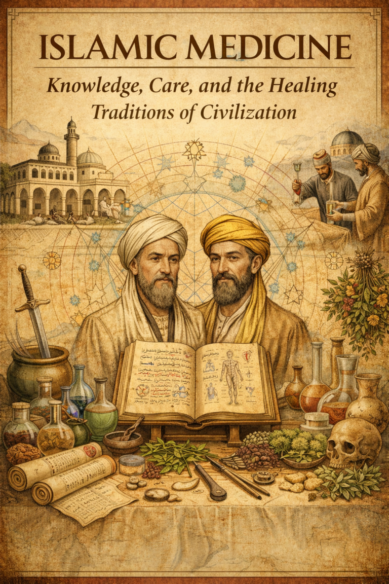 Editorial illustration inspired by Islamic medicine featuring major physicians, a medical manuscript, herbs, vessels, surgical tools, and a hospital setting within an illuminated scholarly composition.