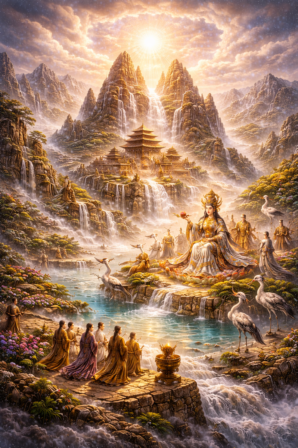 Mythic western mountain paradise of Kunlun with radiant peaks, waterfalls, divine court, attendants, and sacred landscape associated with Xiwangmu
