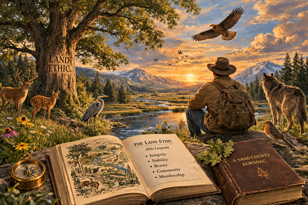 Editorial landscape illustration for The Land Ethic and the Expansion of Moral Community showing mountains, river, waterfall, wildlife, books, a balance scale contrasting conqueror and member, and symbolic elements of ecological membership, integrity, stability, and beauty.