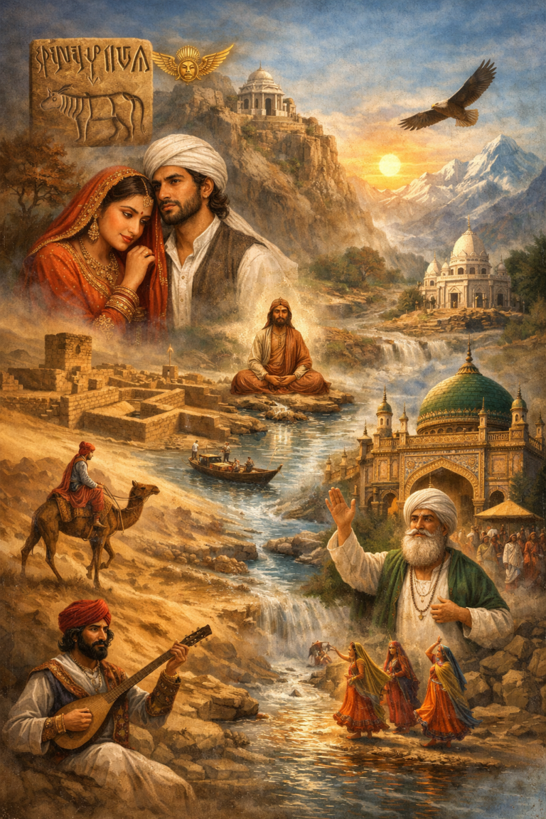 Editorial conceptual illustration for “Indus Region Myth, Folklore & Sacred Narrative” showing the civilizational story world of the Indus through river, desert, mountain, shrine, and oral tradition imagery, including lovers, a mystic figure, a musician, ancient ruins, sacred architecture, and a flowing river linking the landscape.