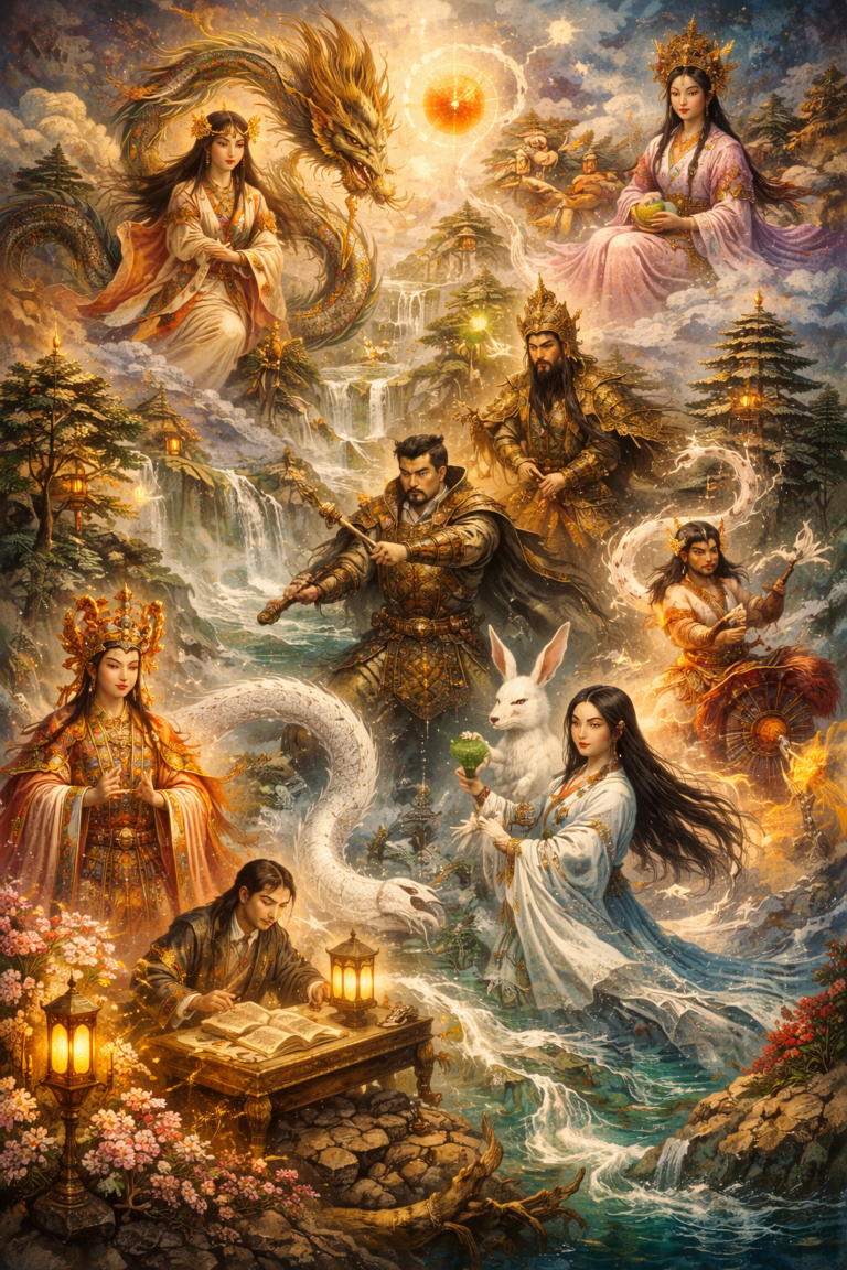 Digital painting inspired by Chinese myth and folklore featuring dragons, divine figures, legendary heroes, celestial imagery, waterfalls, sacred mountains, and supernatural beings in a richly detailed mythic landscape.