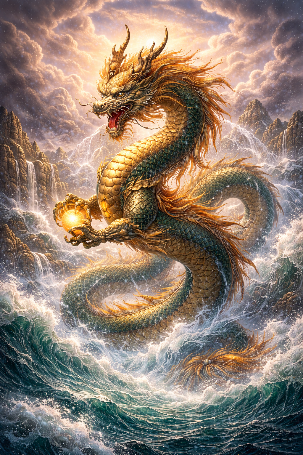 Mythic Chinese dragon rising from storm-tossed waters beneath turbulent clouds, embodying rain power, cosmic force, and imperial symbolism