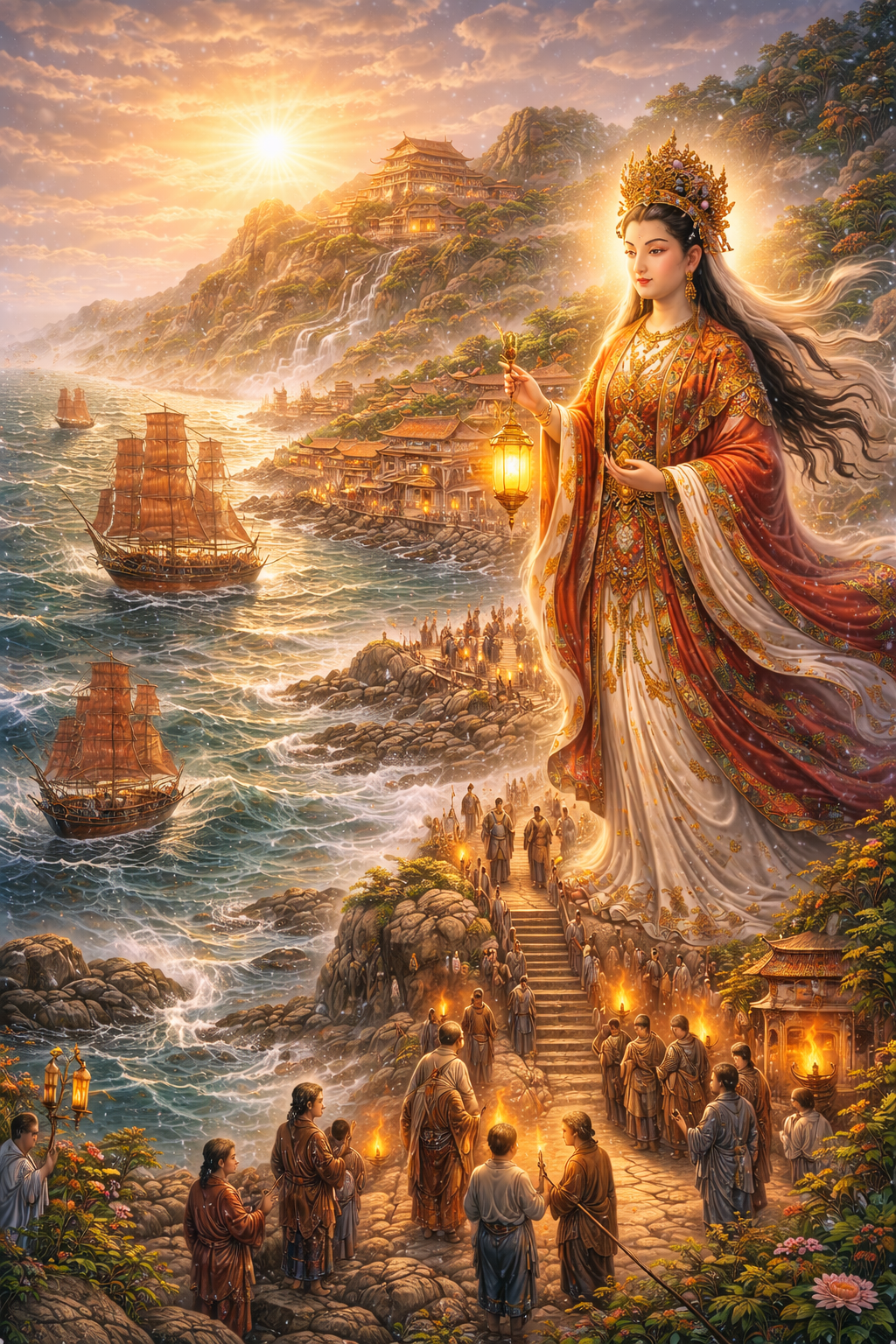 Mythic maritime scene of Mazu overlooking temples, ships, coastal pilgrims, and wind-tossed waters, symbolizing protection, pilgrimage, and the sea-goddess traditions of coastal China