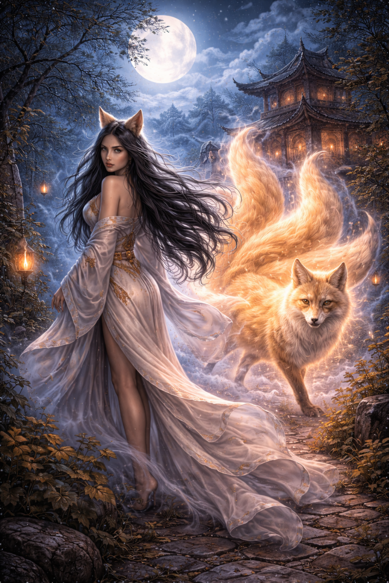 Mythic fox spirit in a moonlit Chinese landscape shifting between human and fox form, symbolizing transformation, seduction, and ambiguity