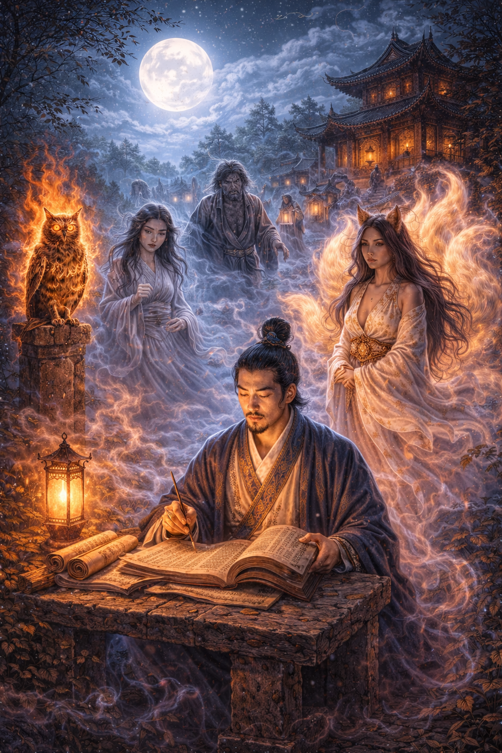 Mythic scene of a medieval Chinese scholar compiling strange tales by lantern light as ghosts, a fox spirit, and uncanny beings gather in a moonlit landscape