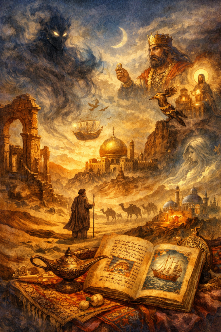 Editorial illustration inspired by Arabian and Levantine narrative traditions featuring desert ruins, sacred architecture, a jinn-like presence, legendary figures, manuscript imagery, caravans, and a charged mythic landscape.