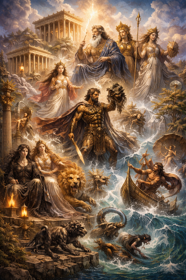 Digital painting inspired by Greek and Roman mythology featuring Olympian gods, heroic figures, monsters, temples, storm-lit skies, and a mythic Mediterranean seascape.