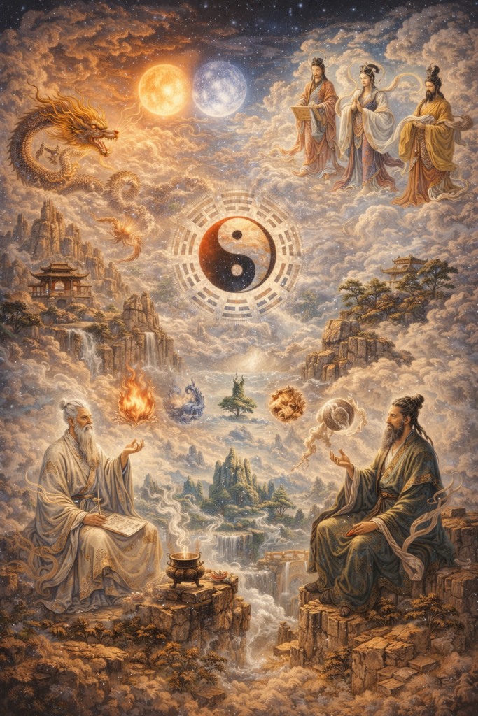 Mythic Chinese cosmological scene with sages, a dragon, celestial figures, yin-yang symbol, trigrams, sun and moon, and elemental forces suspended in a cloud-filled sacred landscape