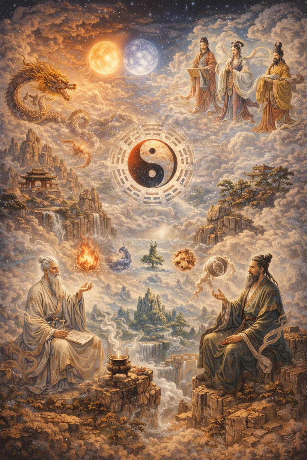 Mythic Chinese cosmological scene with sages, a dragon, celestial figures, yin-yang symbol, trigrams, sun and moon, and elemental forces suspended in a cloud-filled sacred landscape