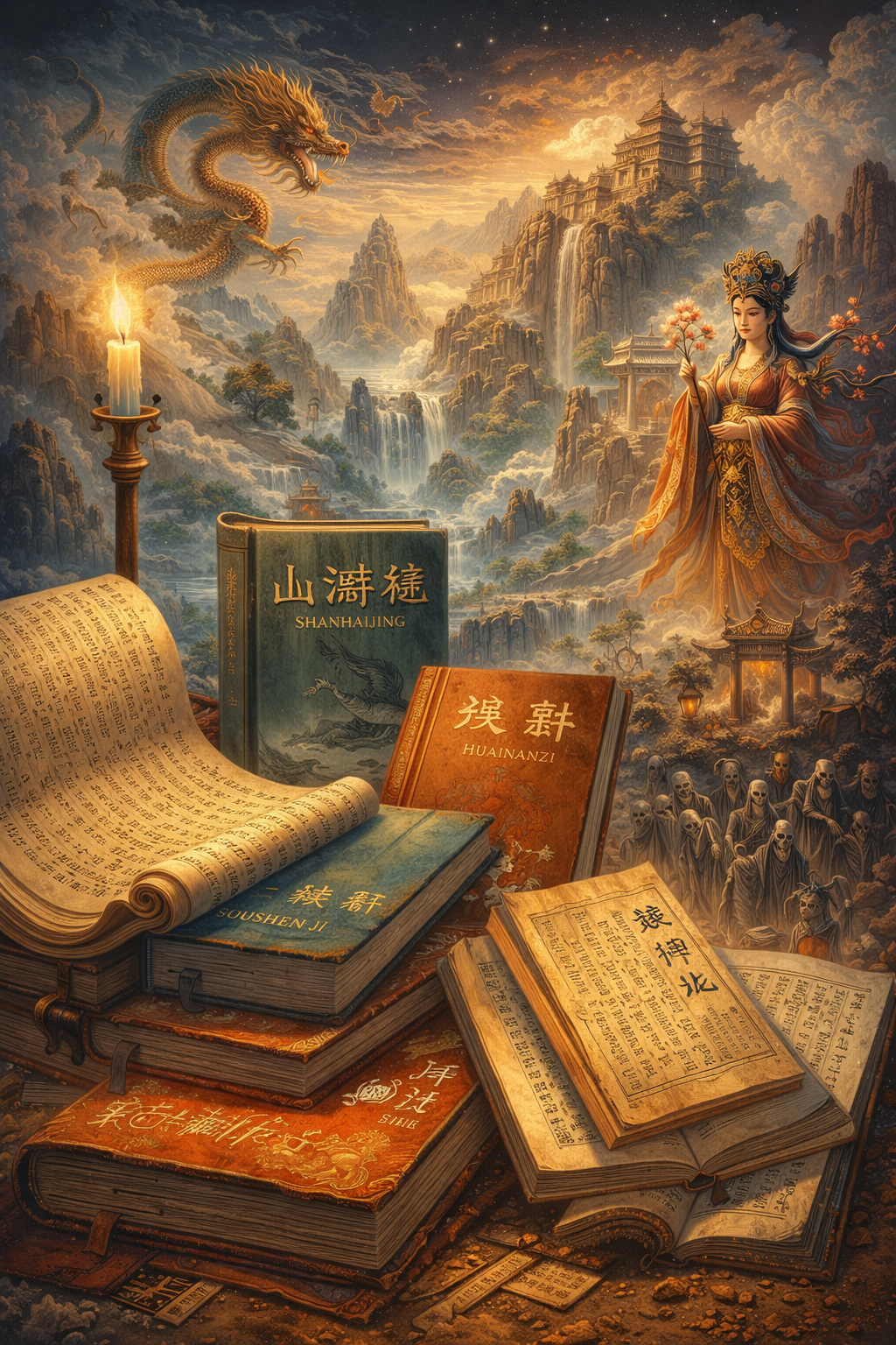 Painterly illustration of Chinese mythic sources with ancient books, sacred mountains, dragon, divine female figure, temples, and supernatural imagery