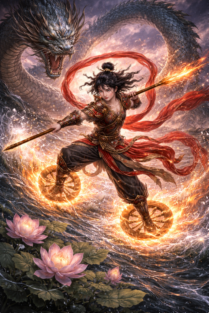 Mythic scene of Nezha riding wind-fire wheels with blazing spear before a dragon, surrounded by lotus blossoms and the energy of divine warfare