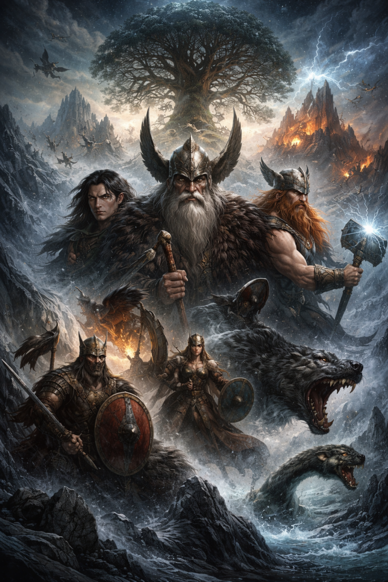 Digital painting inspired by Norse mythology featuring Odin, Thor, Loki, a shieldmaiden, wolves, a sea serpent, Yggdrasil, burning mountains, and an icy apocalyptic northern landscape.