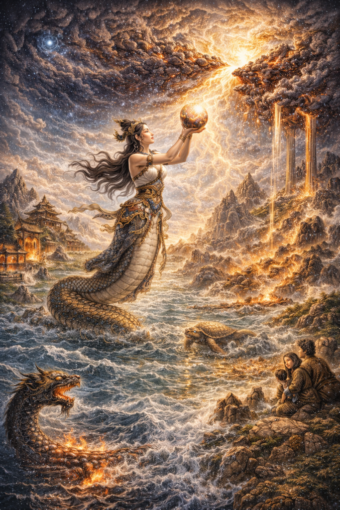 Mythic scene of Nüwa with serpent body repairing the broken sky above floodwaters, fire, and a threatened human world