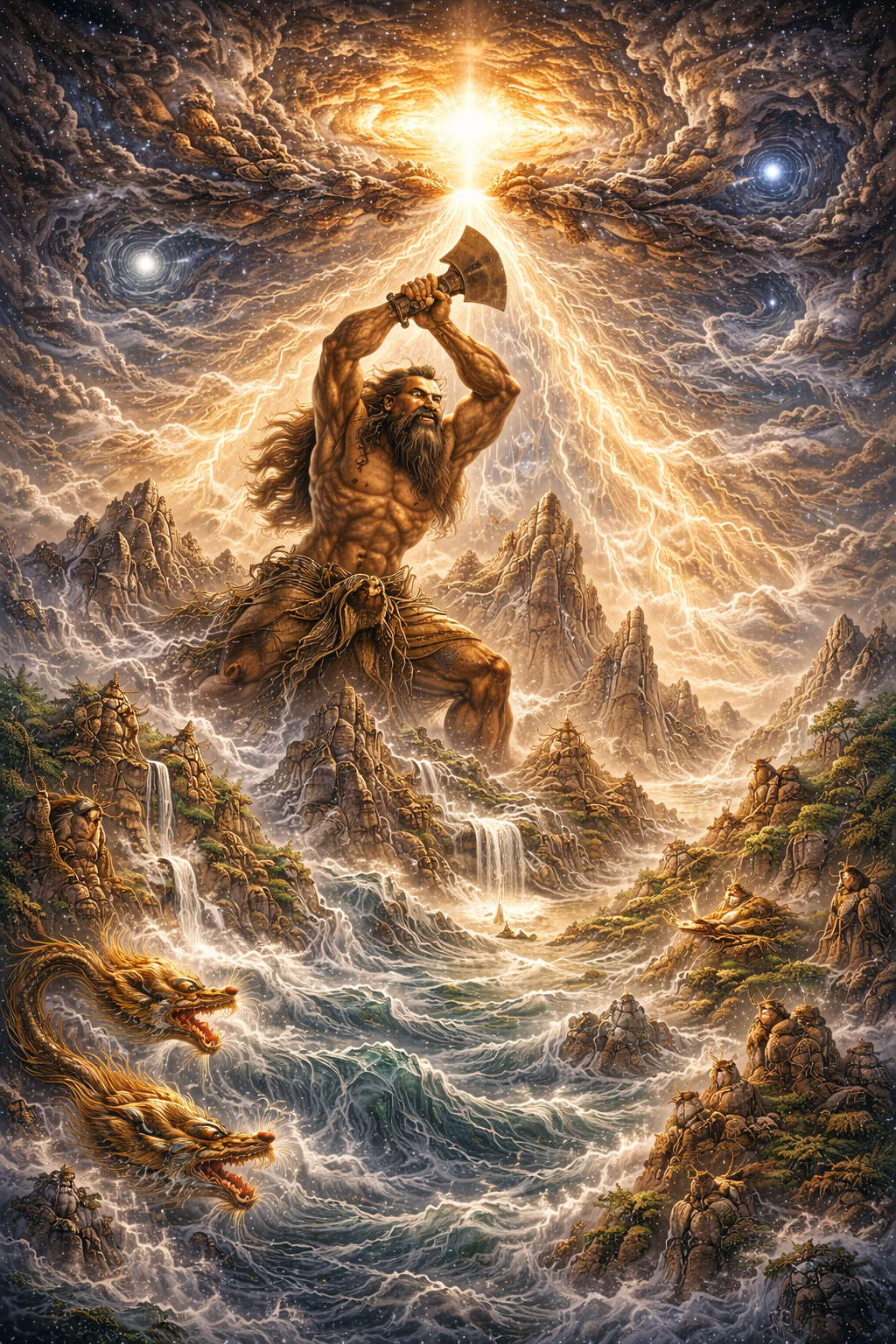 Mythic scene of Pangu raising an axe beneath a storming cosmic sky as heaven and earth divide, with mountains, torrents, and dragon forms below