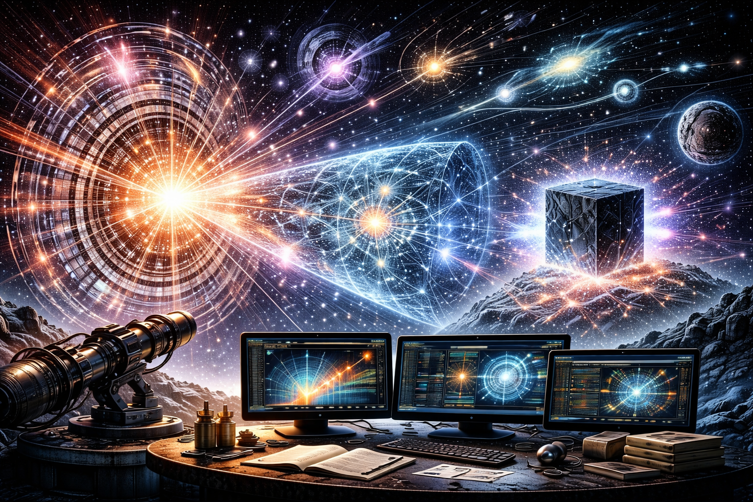 Editorial illustration of physics beyond the Standard Model featuring collider-style detector geometry, dark-sector inspired structures, neutrino-like streams, cosmic components, and computational analysis displays.