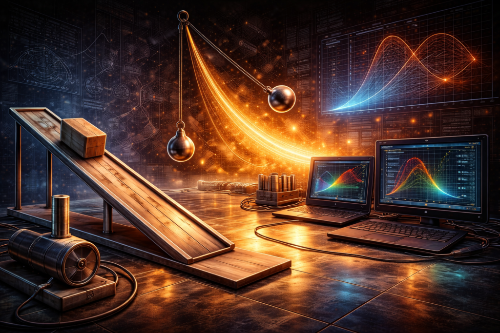 Editorial illustration of classical mechanics featuring an inclined plane, pendulum motion, and computational modeling displays with no internal text