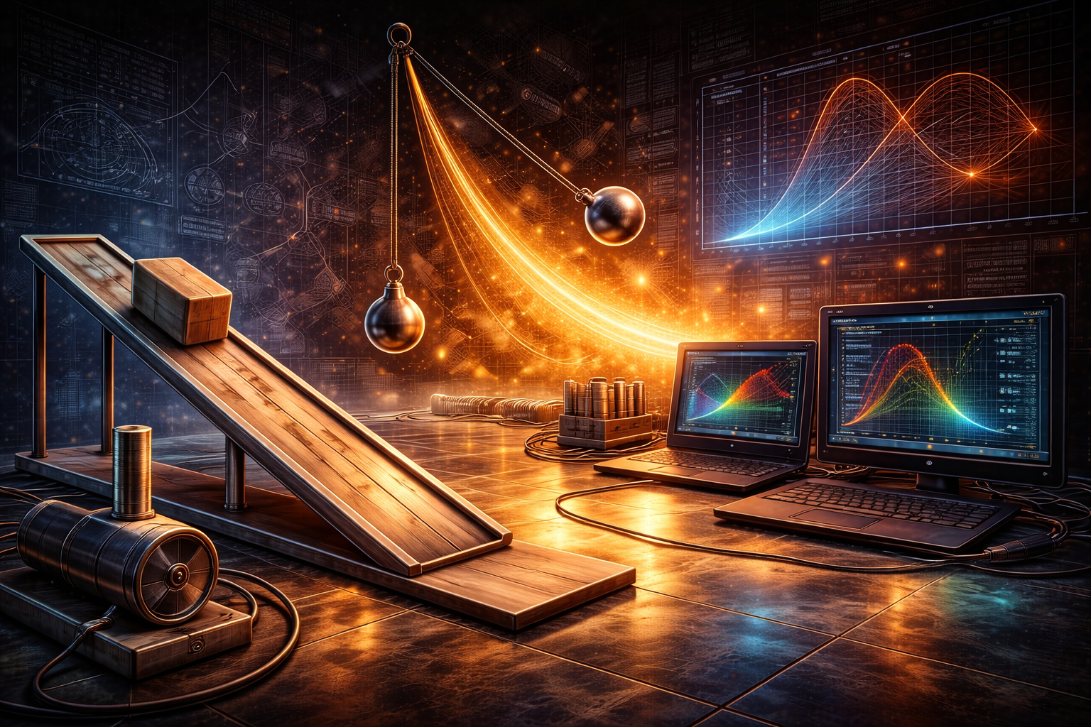 Editorial illustration of classical mechanics featuring an inclined plane, pendulum motion, and computational modeling displays with no internal text