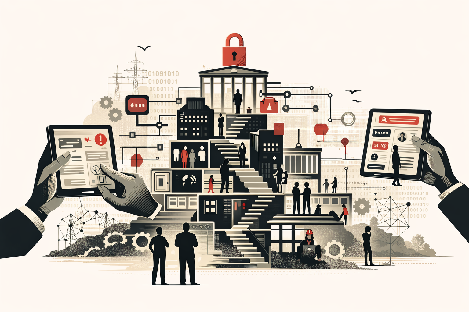 Editorial illustration of technology and system design as power architecture, showing layered digital and institutional structures, human figures, network connections, and handheld interfaces beneath a red padlock.