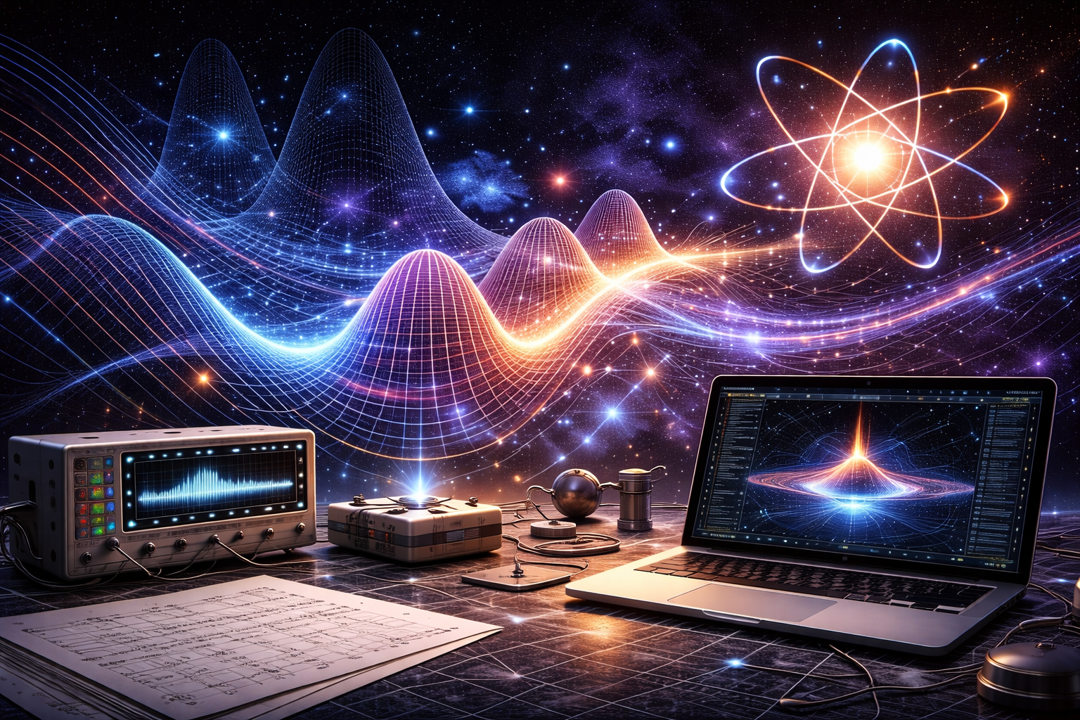 Editorial illustration of quantum mechanics featuring probability-wave structures, atomic-scale abstraction, interference patterns, and computational modeling