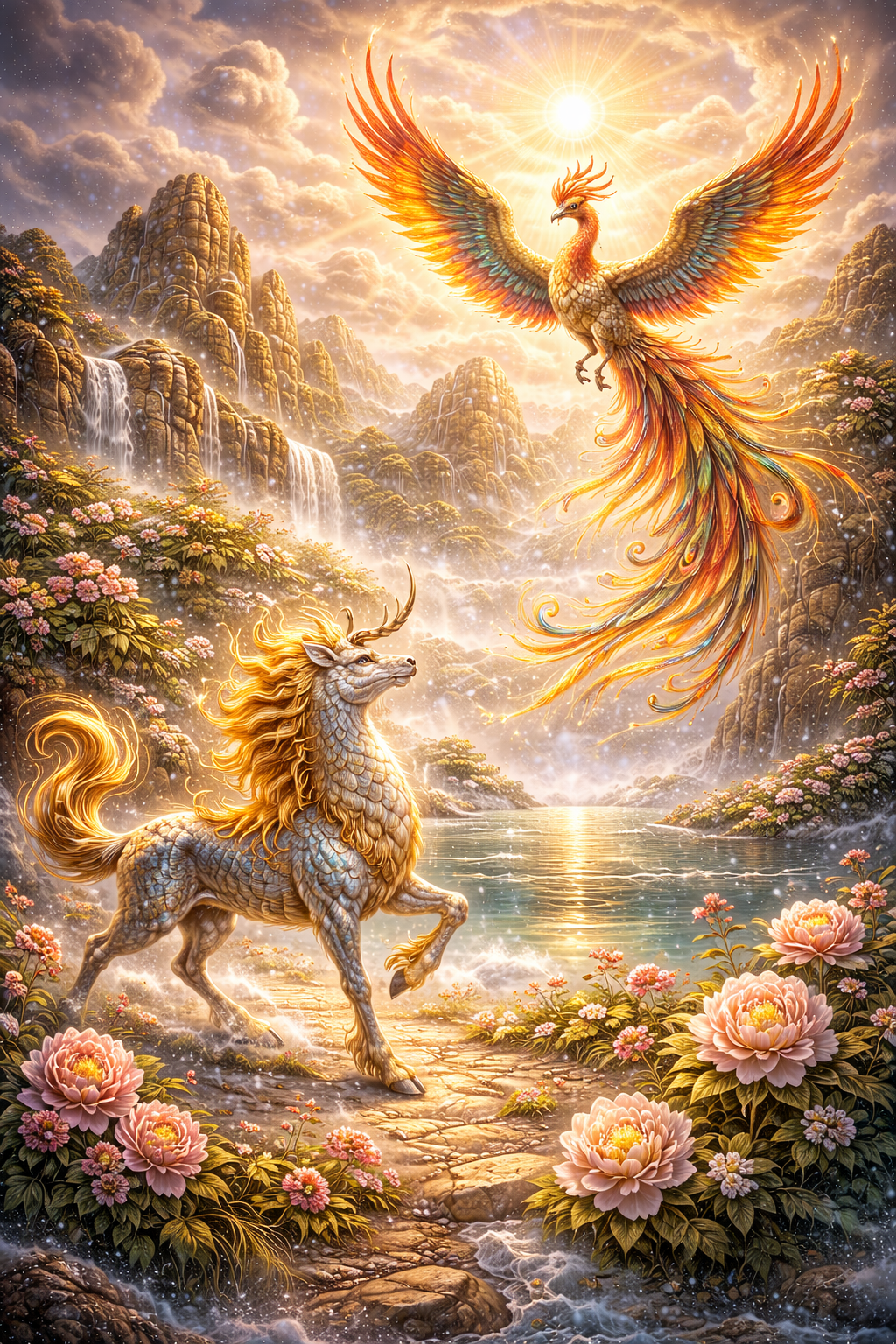 Mythic image of a radiant phoenix and a qilin in a luminous landscape of flowers, waterfalls, and sacred harmony