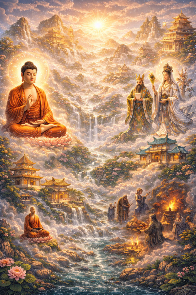 Mythic Chinese religious landscape where Buddhist and Daoist figures, temples, sacred mountains, heavens, and spirit worlds converge in a reimagined sacred cosmos