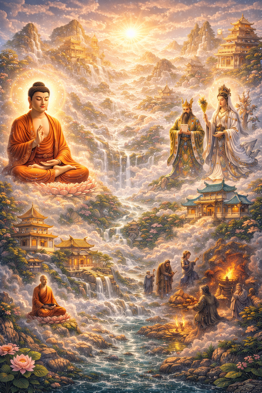 Mythic Chinese religious landscape where Buddhist and Daoist figures, temples, sacred mountains, heavens, and spirit worlds converge in a reimagined sacred cosmos