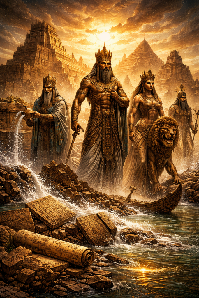 Digital painting inspired by Mesopotamian mythology featuring ancient city architecture, divine figures, cuneiform tablets, sacred rivers, and mythic symbols of kingship and catastrophe.