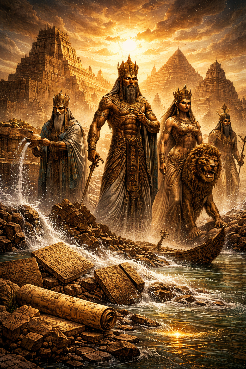Digital painting inspired by Mesopotamian mythology featuring ancient city architecture, divine figures, cuneiform tablets, sacred rivers, and mythic symbols of kingship and catastrophe.