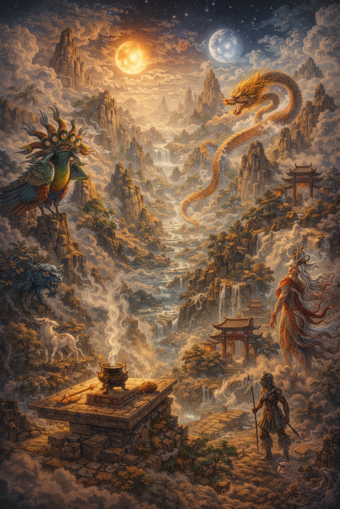 Fantastical landscape inspired by the Shanhaijing with sacred mountains, strange mythic creatures, ritual altar, temples, dragon, and celestial sky