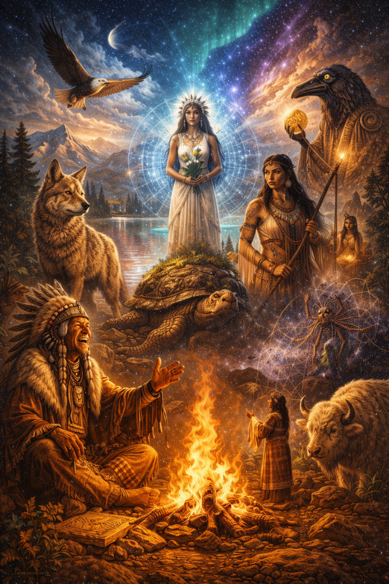 Digital painting inspired by Native American storytelling featuring sacred landscapes, symbolic animal beings, oral tradition motifs, celestial imagery, and a diversity of Indigenous narrative worlds.