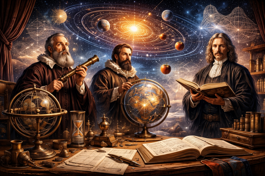 Editorial illustration of the Scientific Revolution featuring early modern scientific instruments, astronomical models, manuscripts, telescopic observation, planetary motion imagery, and a study-like setting associated with the rise of physical law.