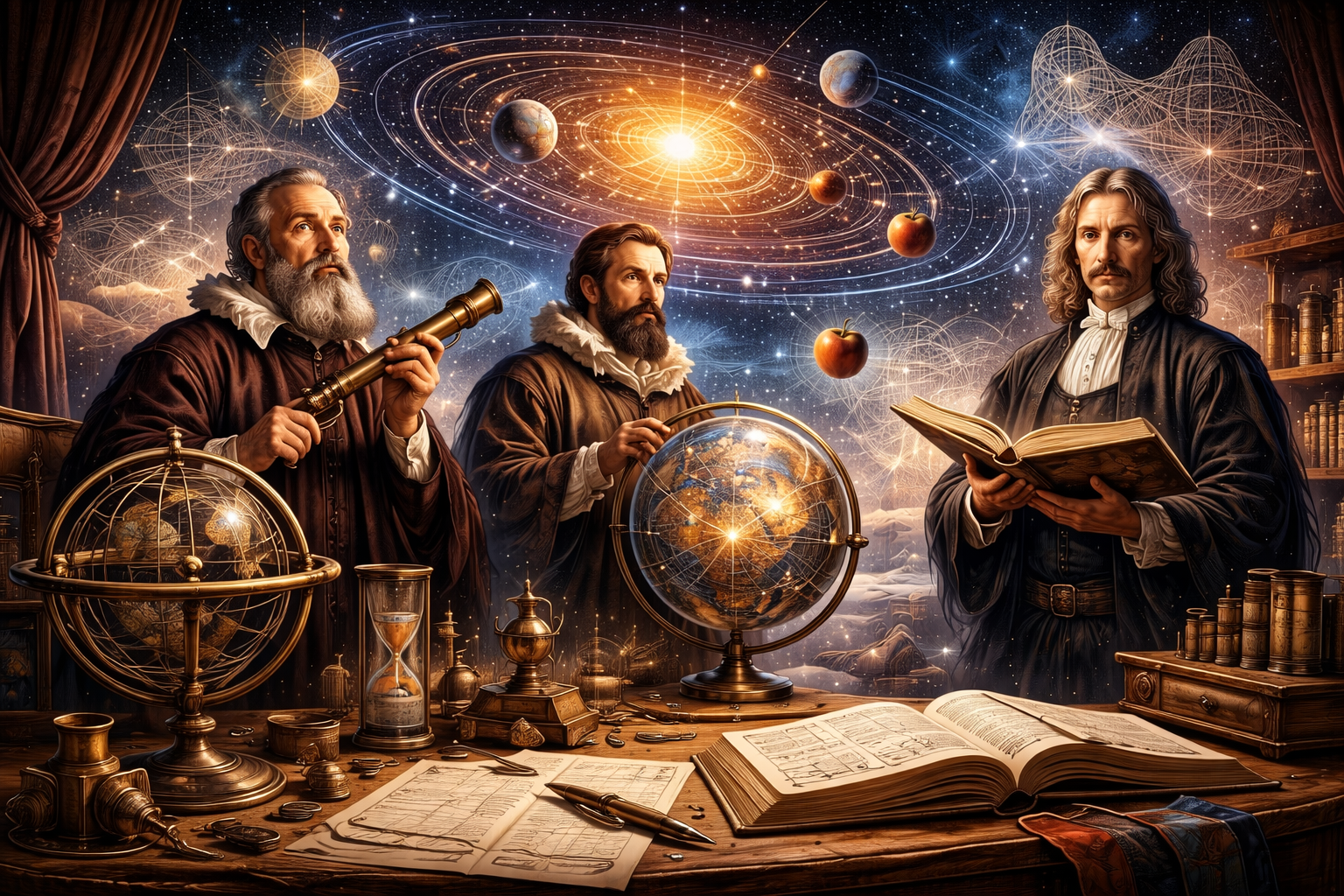 Editorial illustration of the Scientific Revolution featuring early modern scientific instruments, astronomical models, manuscripts, telescopic observation, planetary motion imagery, and a study-like setting associated with the rise of physical law.