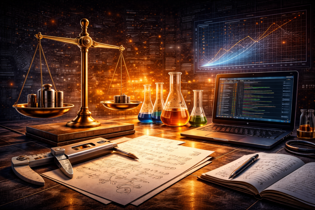 Editorial illustration of physics measurement and mathematical inquiry featuring a balance scale, caliper, laboratory glassware, data displays, and computational analysis with no internal text