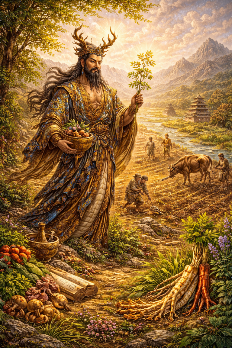 Mythic scene of Shennong in a fertile agricultural landscape holding plants and medicinal roots while farmers plow fields behind him