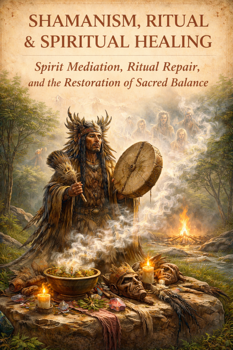 Editorial illustration inspired by ritual and spiritual healing traditions featuring a ritual specialist with drum and feather bundle, smoke, sacred objects, ancestral figures, and a forest ceremonial setting.